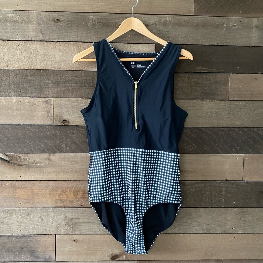 Albion Fit Castaway Black Gingham One Piece Front Zip Swimsuit XL Vacation Beach - Picture 3 of 6